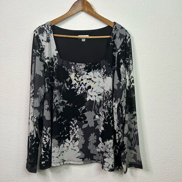 Calvin Klein Women’s Black Gray Floral Mesh Square Neck Long Sleeve Top Size 3X - Picture 1 of 14